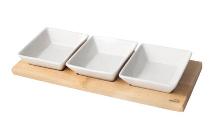 BANDEJA APERITIVOS BASE BAMBU 3 CUENCOS - 28X10CM