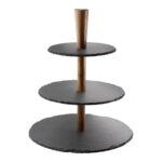 BANDEJA SOPORTE 3 ALTURAS SET PRESENTACION - Ø 18CM PIZARRA Y ACACIA + 4 CUCHILLOS QUESO