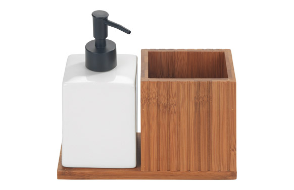 126_68f4c9e5b25ee DOSIFICADOR JABON MERA + PORTACEPILLO - BAMBU, CERAMICAMICA BLANCO - Imagen 1