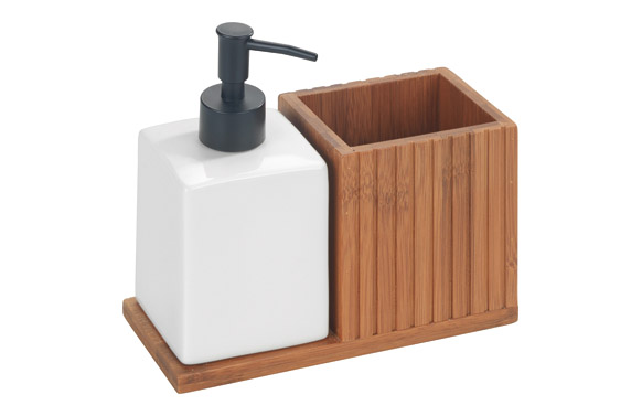 126_68f4c9e60d8a1 DOSIFICADOR JABON MERA + PORTACEPILLO - BAMBU, CERAMICAMICA BLANCO - Imagen 2