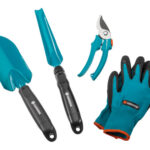 JUEGO DE 4 MINI HERRAMIENTAS DE CULTIVO - PALA, GUBIA, TIJERA Y GUANTES