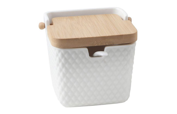 126_692de89675405 AZUCARERO PORCELANA GRABADA TAPA BAMBU + CUCHARA - Imagen 1
